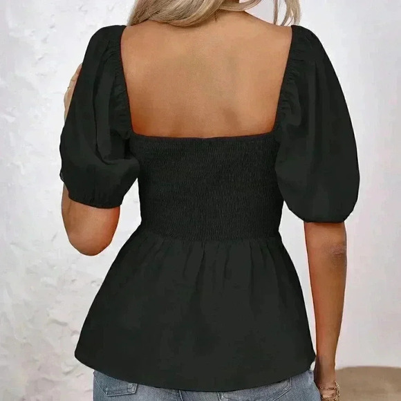 Black Casual Women's Plain Minimalist Pintucked Blouse - Picture 2 of 7